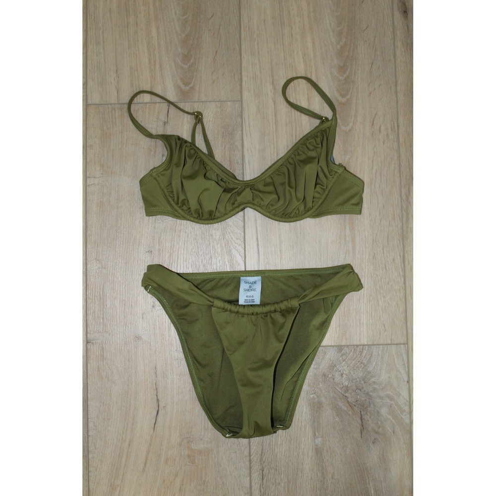 Shade‎ & Shore Olive Green Ruched Underwire Bikini Set XS 0-2 High Leg Cheeky
